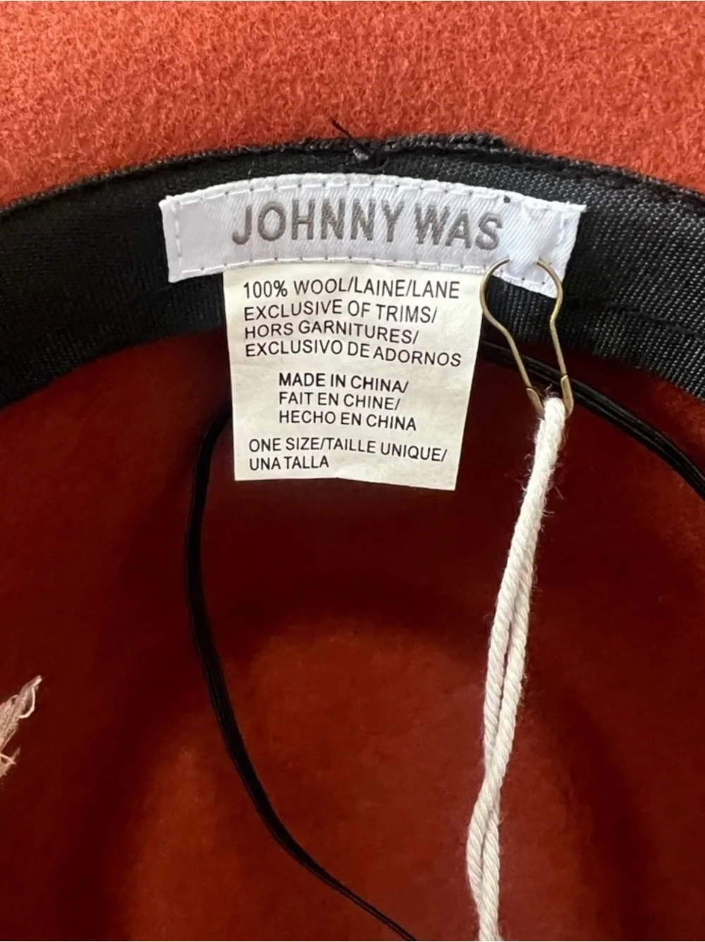 Johnny Was Fedora Hat Rust Color Embroidered Wool with Blue Hummingbird Feather